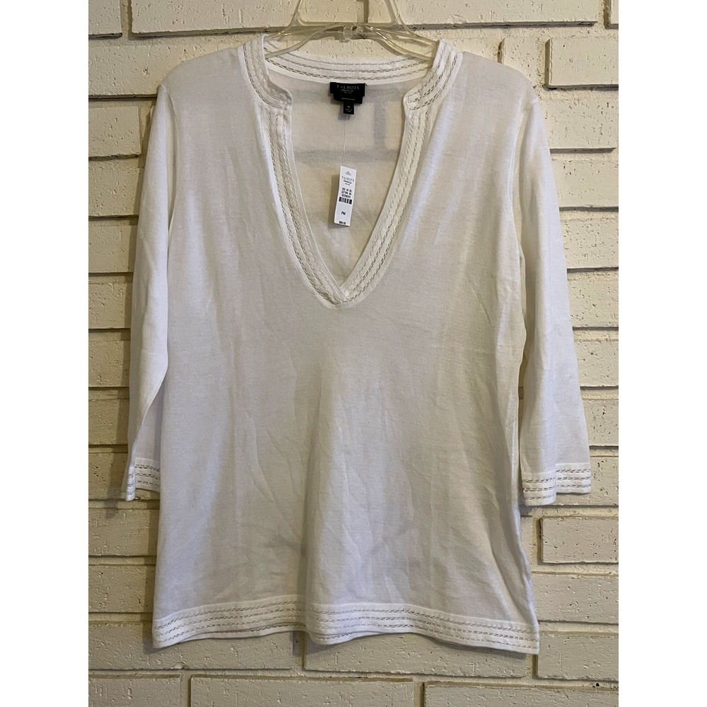Talbots Woman's Medium‎ Deep V Neck Sweater Lightweight Pullover White NEW